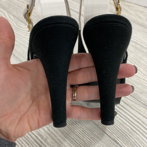 Chanel Black Canvas Peep Toe Slingback Heels - sz 37.5 - Picture 4 of 13